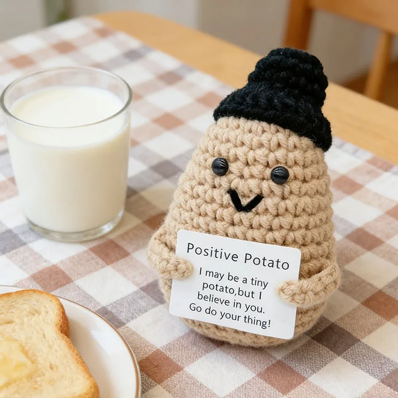 Cute Positive Potato Crochet Doll With Knit Hat Handmade Yarn Toy Inspirational Cheer Up Gift For Kids Friends Home Desk Decor