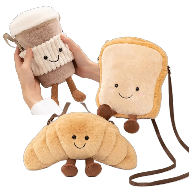 

FUnny Cute Food Plush Crossbody Bags Toast/Croissant/Coffee Cup Soft Stuffed Fluffy Cuddly Shoulder Bag for Girls Birthday Gift