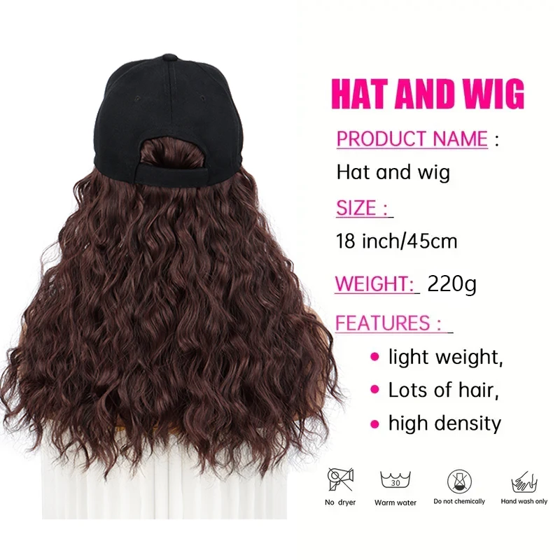 Peluca de sombrero para mujer, peluca de gorra de béisbol de onda larga con extensiones de cabello sintético rizado, peluca de gorra de béisbol negra marrón ajustable