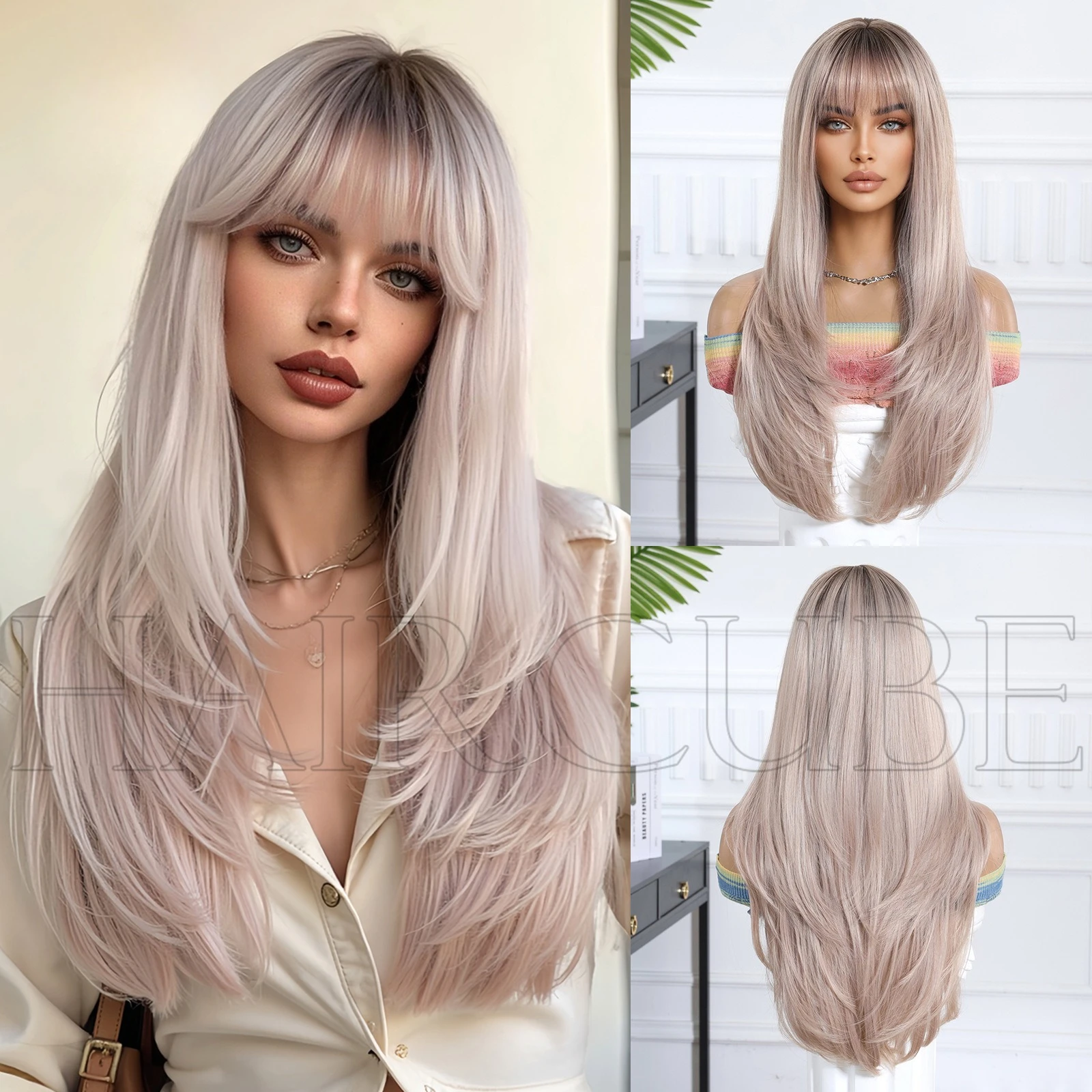 

Wig headgear long straight hair pink gradual change dye Qi bangs mechanism chemical fiber heating to sell new products