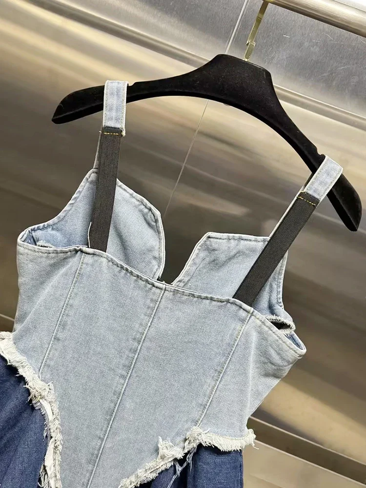 VGH Hit Color seksowny patchworkowy zamek błyskawiczny z przodu kamizelki dżinsowe dla kobiet kwadratowy kołnierzyk bez rękawów łączonych falbanki Streetwear kamizelka kobieta