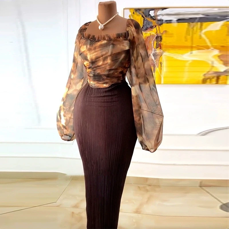 

Elegant African Fashion Women Dress Square Collar Long Lantern Sleeve See Through Top And Bodycon Skirt Set