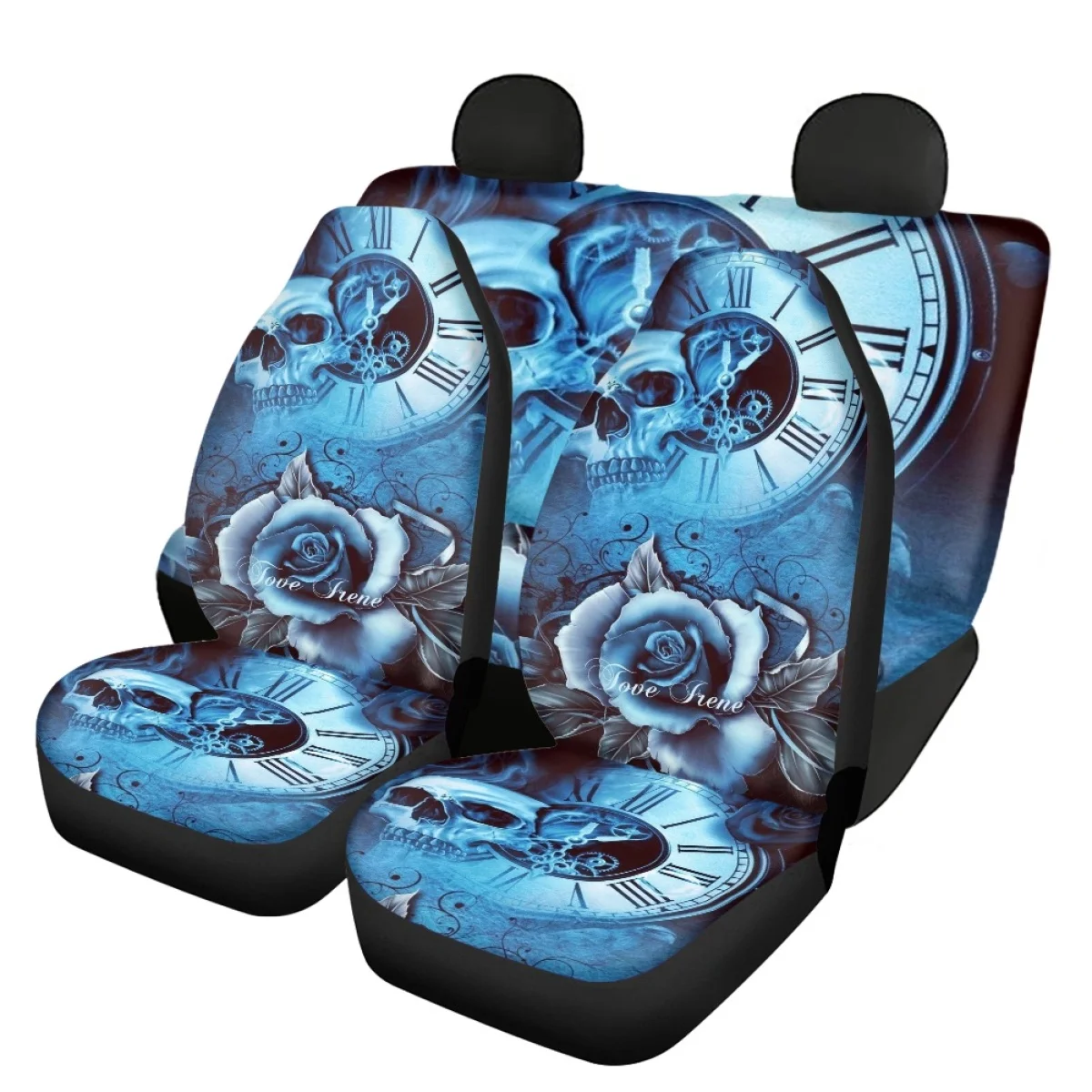 Elastic Remove Car Seat Cover Blue Skull with Flowers Intorior Decor with Clock Design Universal Front/Back Vehicle Seat Covers