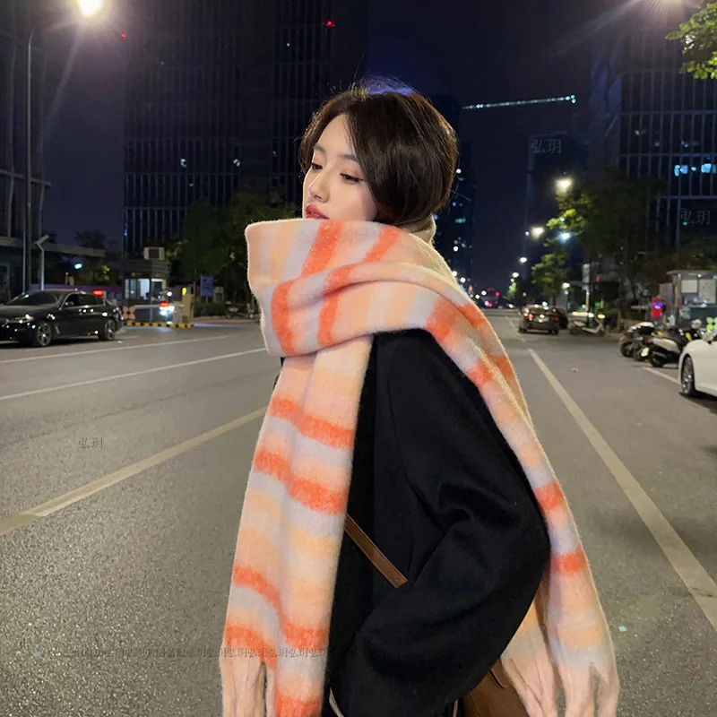 Winter Scarf for Women Cashmere Warm Striped Pashmina Blanket Wraps Female Thick Soft Wear Tassel Shawl Long Poncho T422