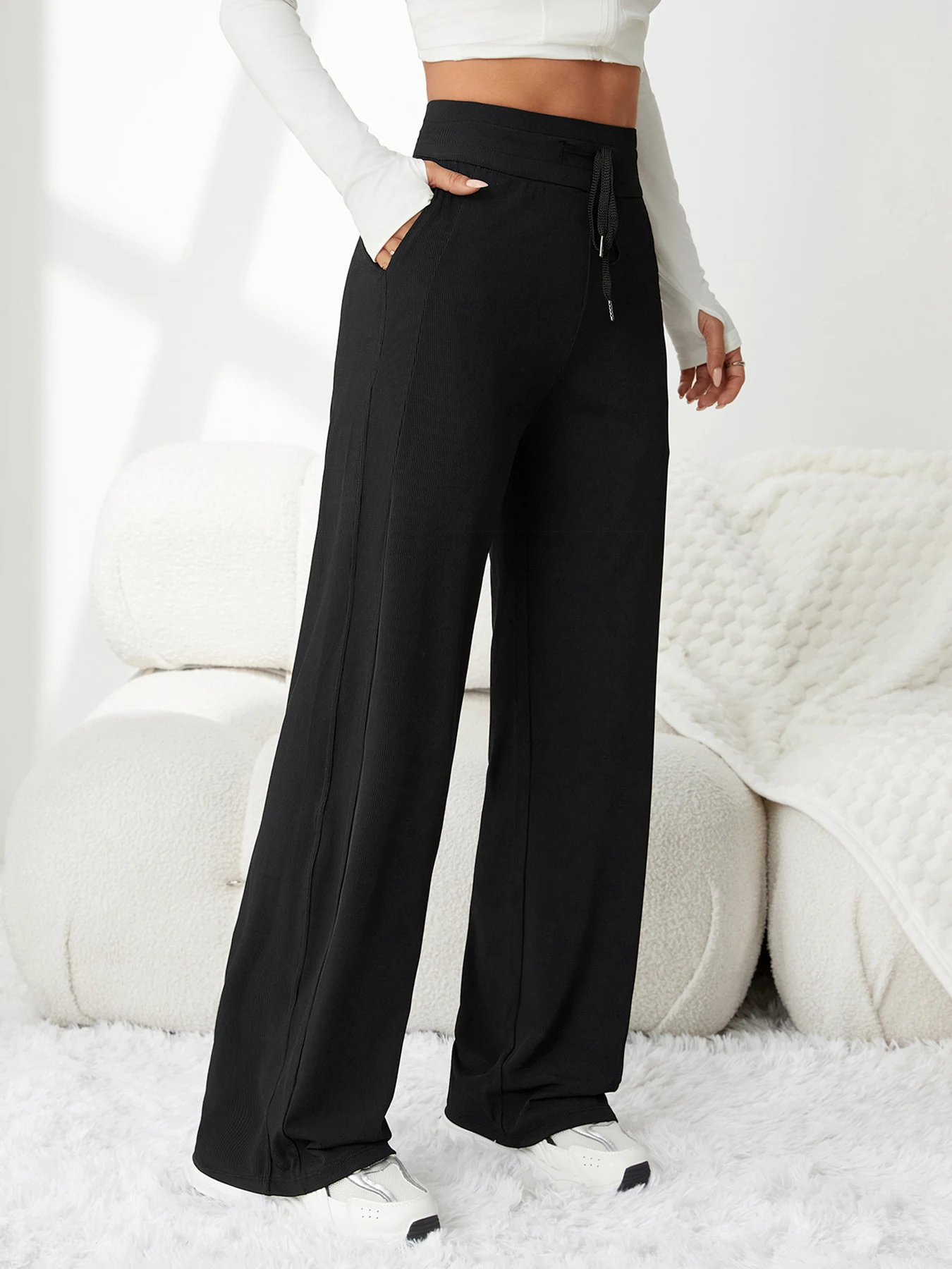 Women's High-Waist Drawstring Striped Pants – High Stretch Draped Fabric, Slim Shaping, Casual & Commute