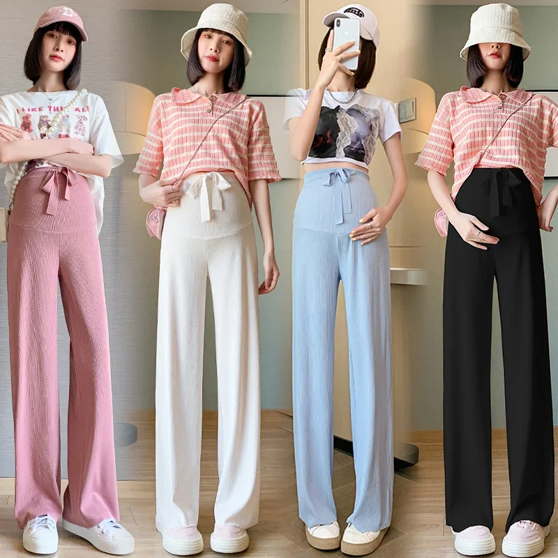 

Wide Legs Maternity Belly Pants for Summer Thin Floor-length Pregnant Woman Trousers Drawstring Waist Pregnancy Boot Cut Pants