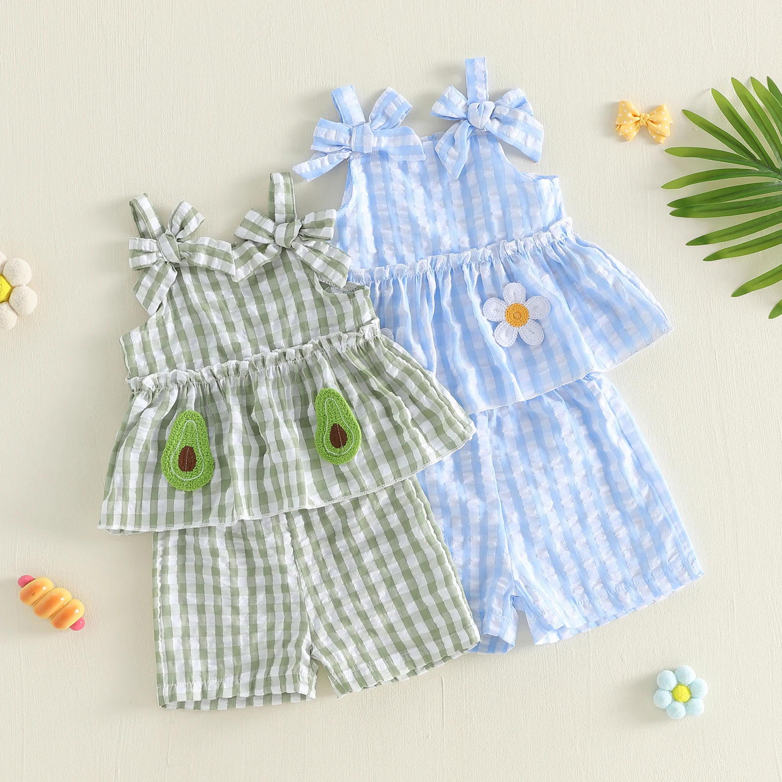 

Toddler Girl Outfits Flower/Avocado Embroidery 2Pcs Clothes Set Fashion Plaid Bowknot Sleeveless Tank Tops Elastic Waist Shorts
