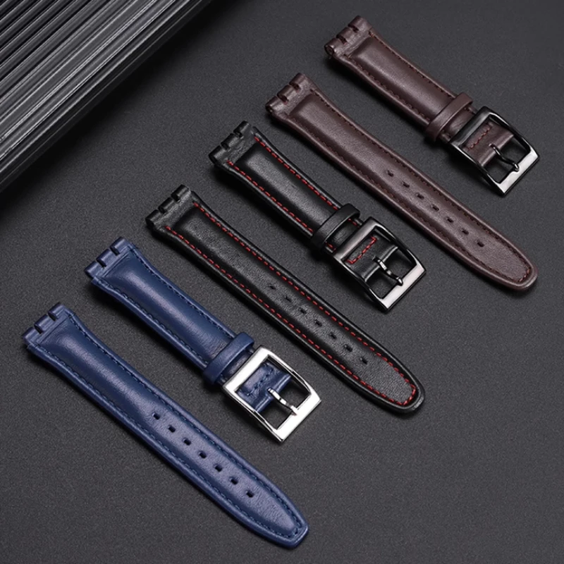 สายนาฬิกาหนังแท้17มม. 19มม. สำหรับผู้ชายสายนาฬิกาข้อมือหนังวัวสีฟ้าแดงขาวชมพูน้ำตาล
