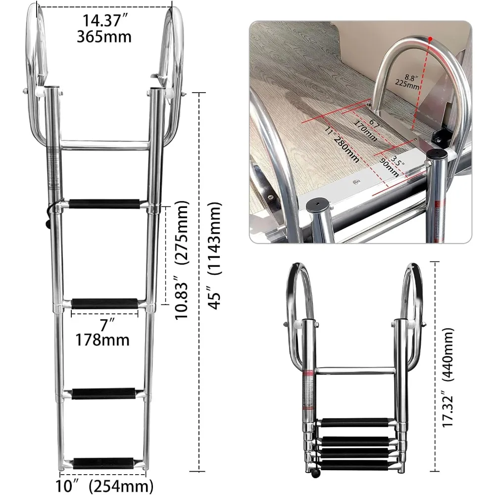 Escada dobrável telescópica de aço inoxidável para barcos pontões com pedal e corrimãos seguros