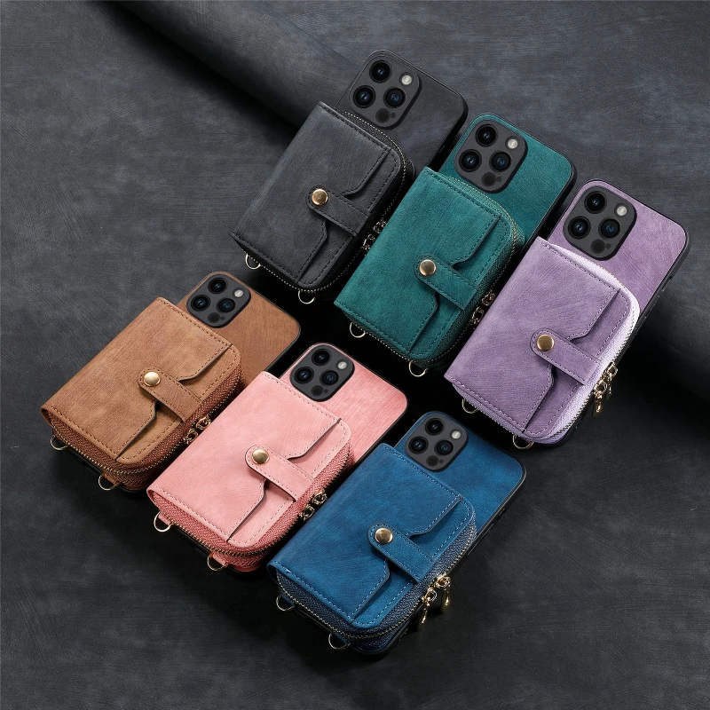 Back Zipper Card Slot Phone Case For iPhone 16 15 Plus 14 13 12 11 Pro XR X XS Max 7 8 Plus Protective Cover With Shoulder Strap image 2