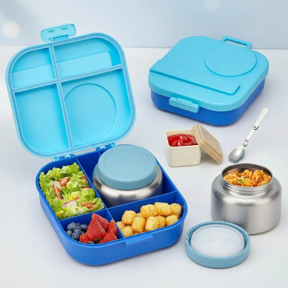 

Kids Bento Lunch Box with 12oz Soup Thermos, 4 Compartments Leak-Proof Container Set with Spoon & Sauce Jar