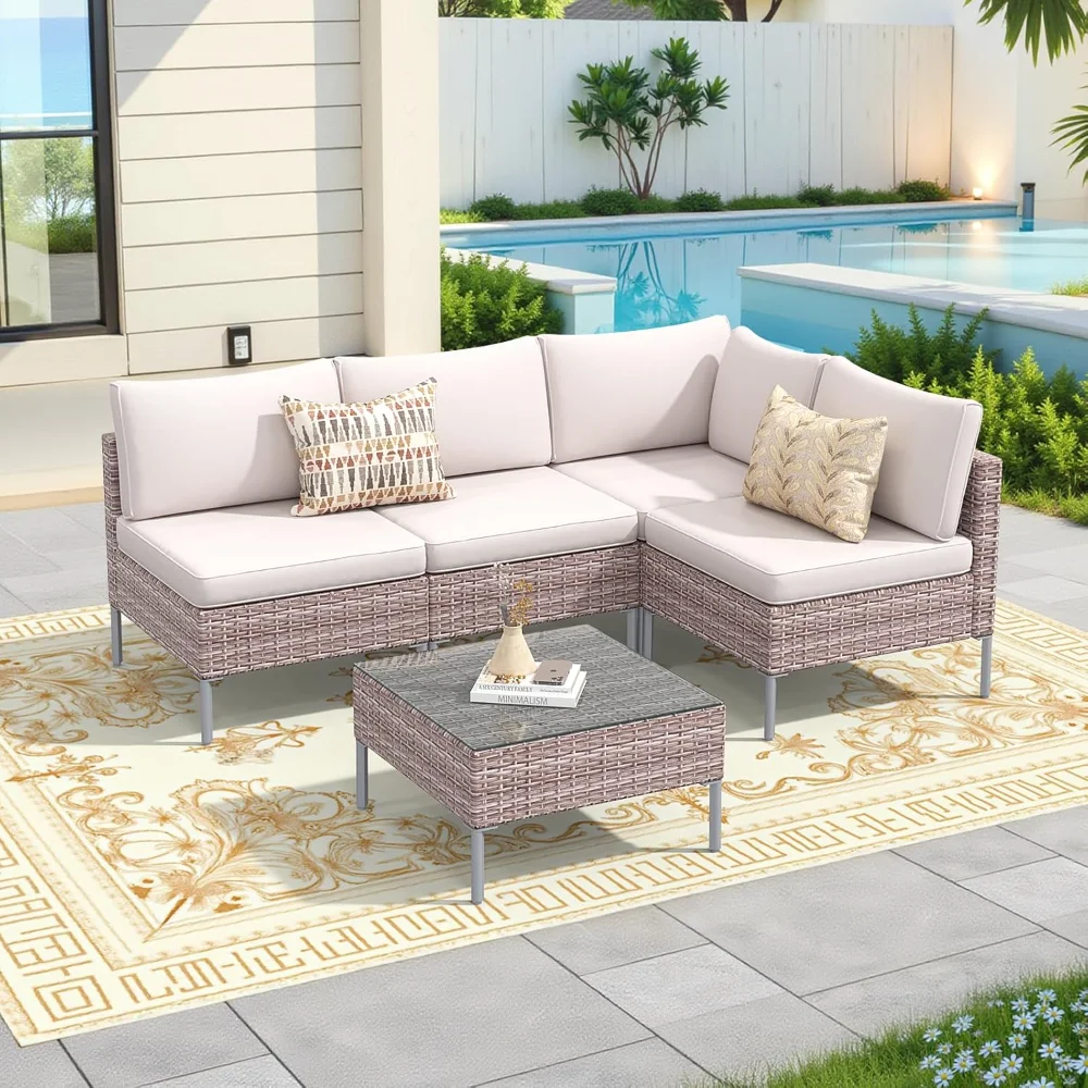 

7 Pieces Outdoor Patio Furniture Set with 45” Fire Pit Table, Rattan Patio Sectional Sofa Conversation Set
