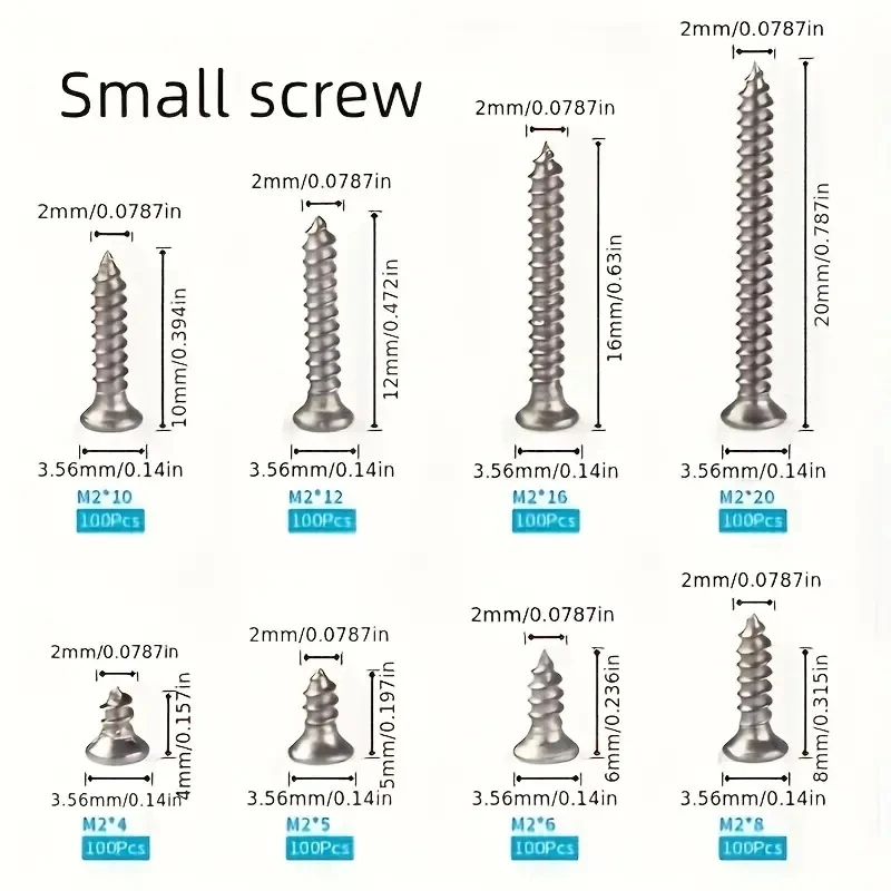 800pcs Self Tapping Wood Screws Set, M2 Phillips Flat Head Sheet MetalScrew, Self Tapping Screws Assortment Kit