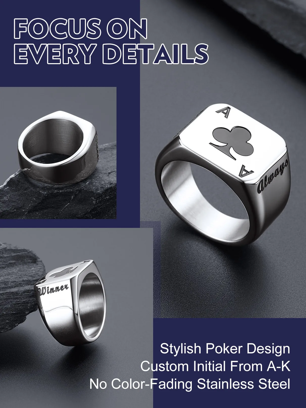 U7 Customized Square Rectangle Stainless Steel Poker Cards Rings for Man Black Laser Engraved Signet Rings Custom Jewelry Gift view 4