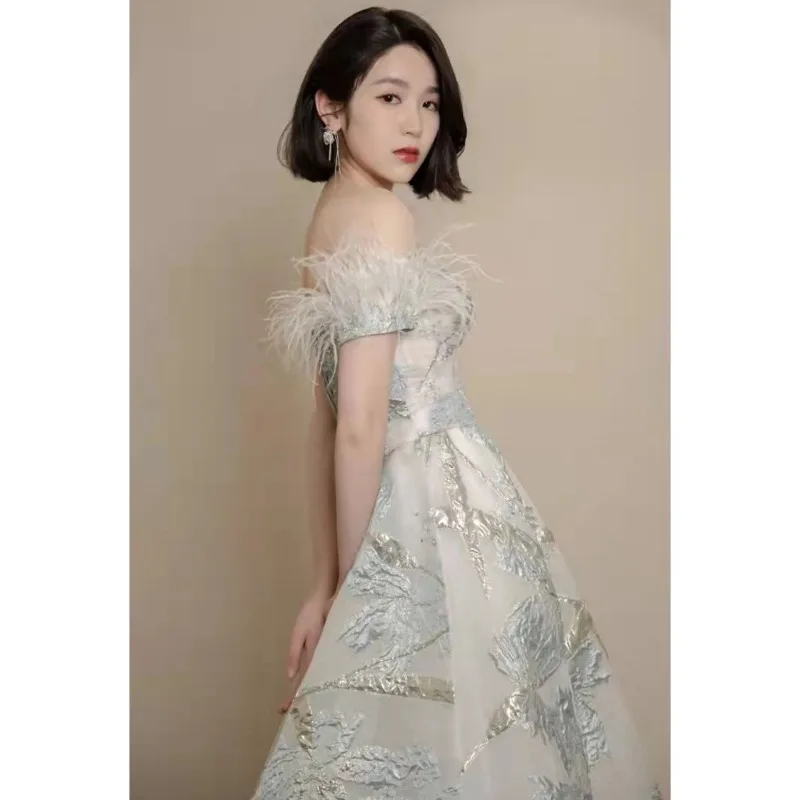 Light Blue One Shoulder Evening Dress 2025 New Spring Host Style Performance Vocal Art Exam Dress Annual Meeting Dress