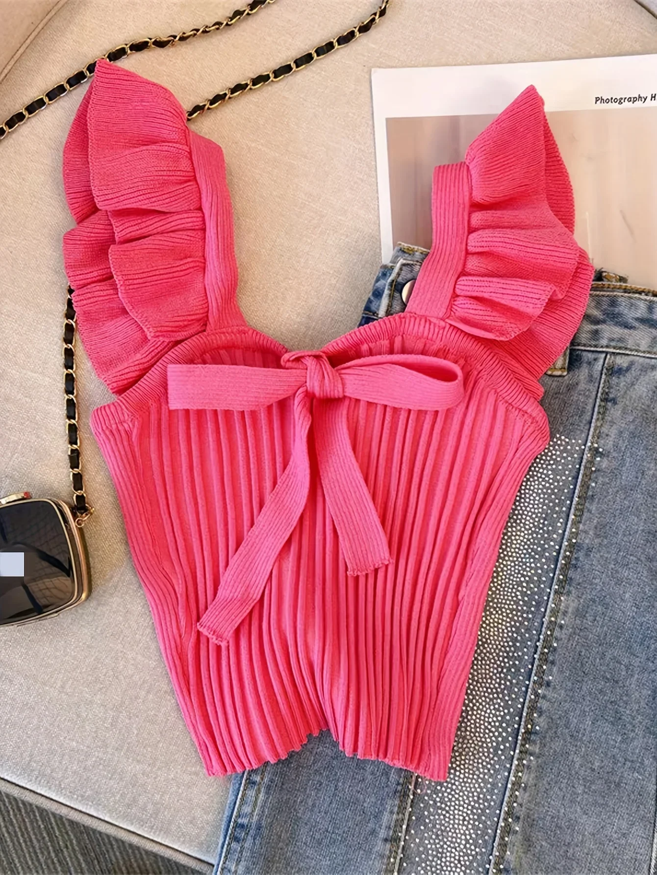 2024 Solid Color Tie Front Knitted Crop Top Chic Flutter Sleeve Slim Backless Top For Summer Women\'s Clothing  y2k top