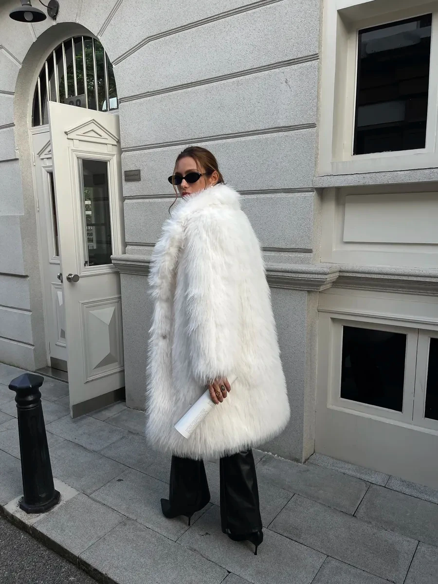 Women  Long Furry Coat Lapel Collar Thick Warm Winter Loose Streetwear Outerwear