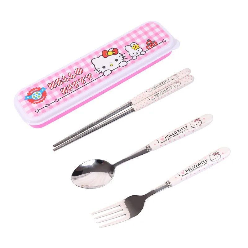 Kawaii Hello Kitty Bestek Cartoon Sanrioed Kt Kat Roestvrijstalen Lepels Vork Eetstokjes Servies Set Draagbaar Servies