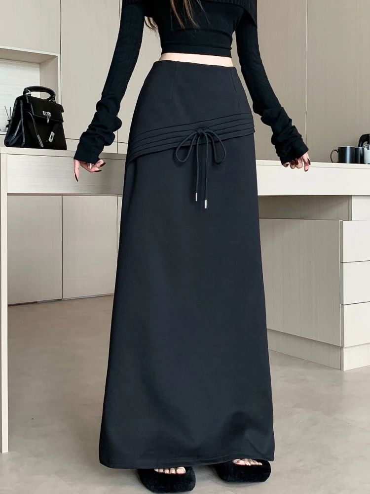 

Черная длинная юбка миди женская осенняя дизайнерская юбка на шнуровке с высокой талией для похудения и универсальная повседневная юбка трапециевидной формы с разрезом