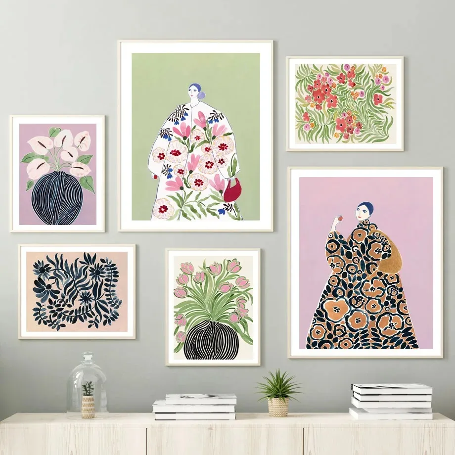 Tulip Violets Vase Woman Coat Flower Light Green Wall Art Posters Minimalist Print Canvas Painting for Living Room Home Decor