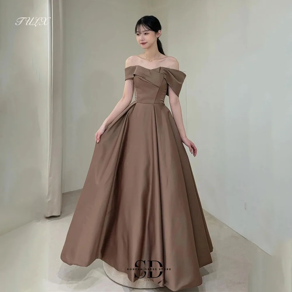 

TULX Elegant Chocolate Satin Evening Dress Off Shoulder Pleat Korea Weddin Photo Shoot Floor Length Party Dresses Customized