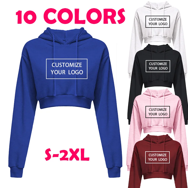 Diy Your Own Design Print Pattern Customize Summer Long Sleeve Hoodies Solid Color Midriff Costume Women  Fashion 10 Colors Tops