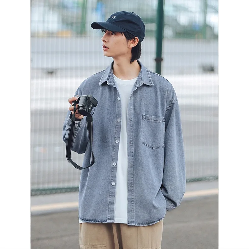 

New Hong Kong-style Men Washed Denim Shirt for Spring Long-sleeved Loose and Versatile Shirt Jacket Fashionable Style Men's Wear