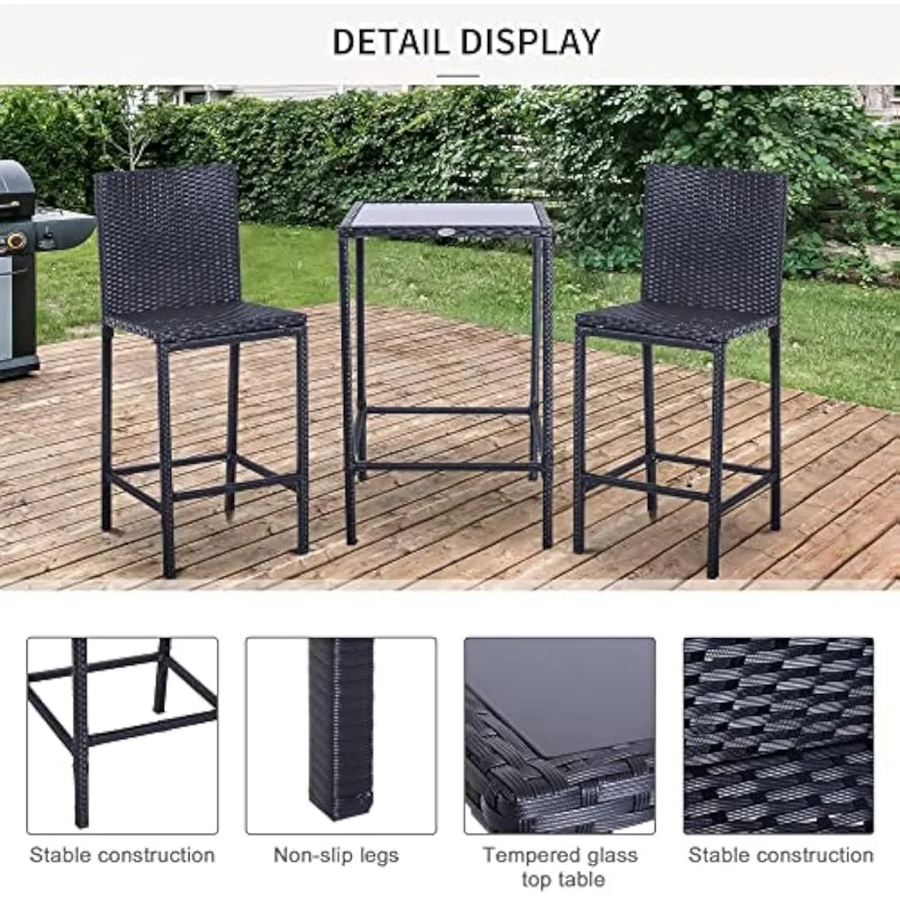 3-teiliges Rattan-Bar-Set mit Tischplatte aus Glas, 2 Barhocker für den Außenbereich, Terrasse, Garten, Pool, Hinterhof