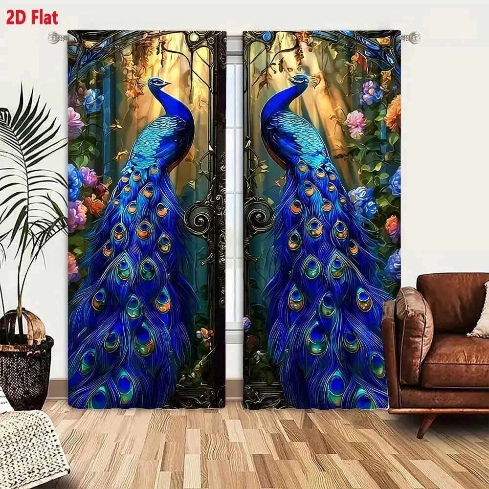 2Pcs Curtains 2D Flat Symmetrical Blue Peacocks Standing Back To Back Before Ornate Gate In Magical Garden With Vibrant Flowers