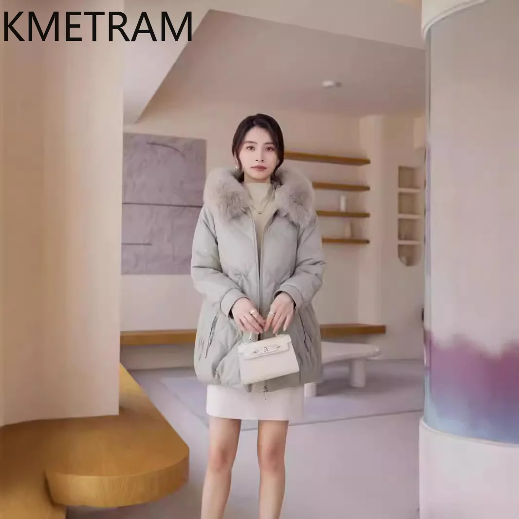 100% 양가죽 푸퍼 재킷 여성 루즈핏 정품 가죽 다운 코트 후드 여우털 칼라 2025 겨울옷 여성