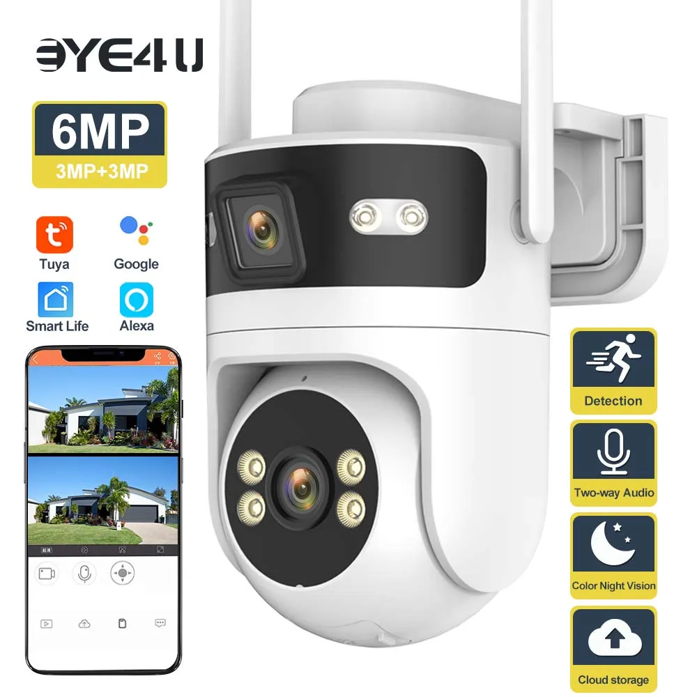 

Tuya Binocular Camera 6MP HD Outdoor PTZ Security WiFi Cameras Motion Tracking Dual Screens Video Surveillance Google Home Alexa
