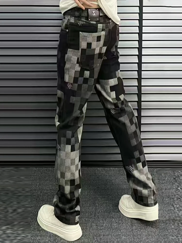 

Модные мужские джинсы с клетчатым принтом, прямые повседневные брюки в стиле High Street, зимние модные универсальные брюки прямого кроя, свободного покроя