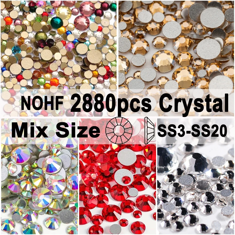 2880pcs Mix Size Glass Rhinestones DIY Crafts Accessories Glue On Crystals Nail Art Decorations Diamond Sewing Supplies Beads