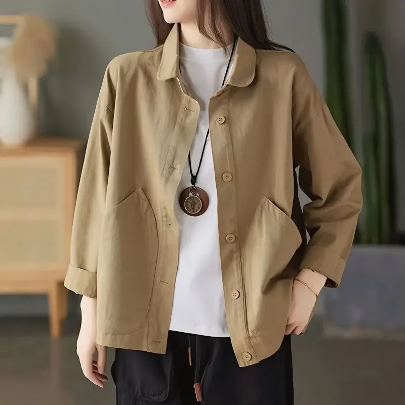 Autumn and Winter Women\'s Solid Color POLO Collar Button Pocket Loose Fit Long Sleeve Short Coat Fashion Casual Commuter Tops