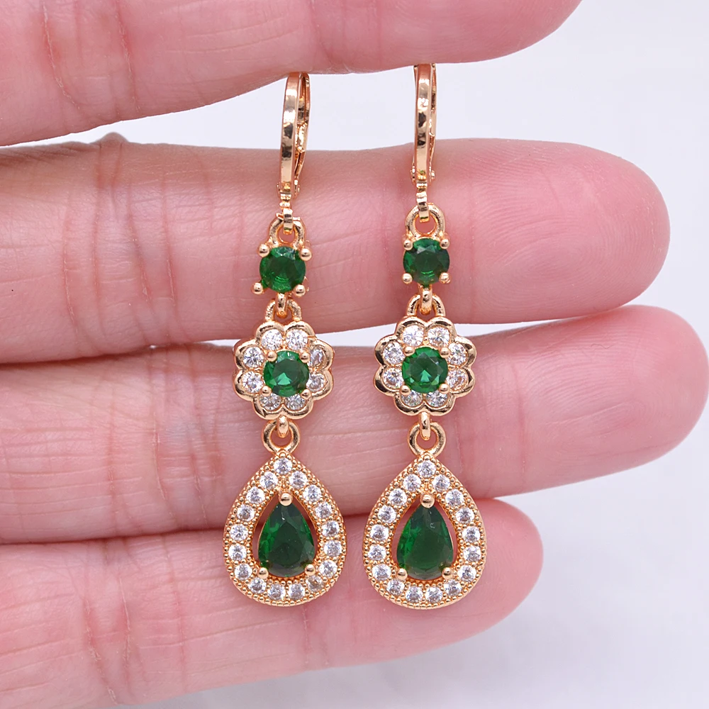 Gold Color Women Blue Cubic Zirconia CZ Water Drop Wedding Earrings Jewelry