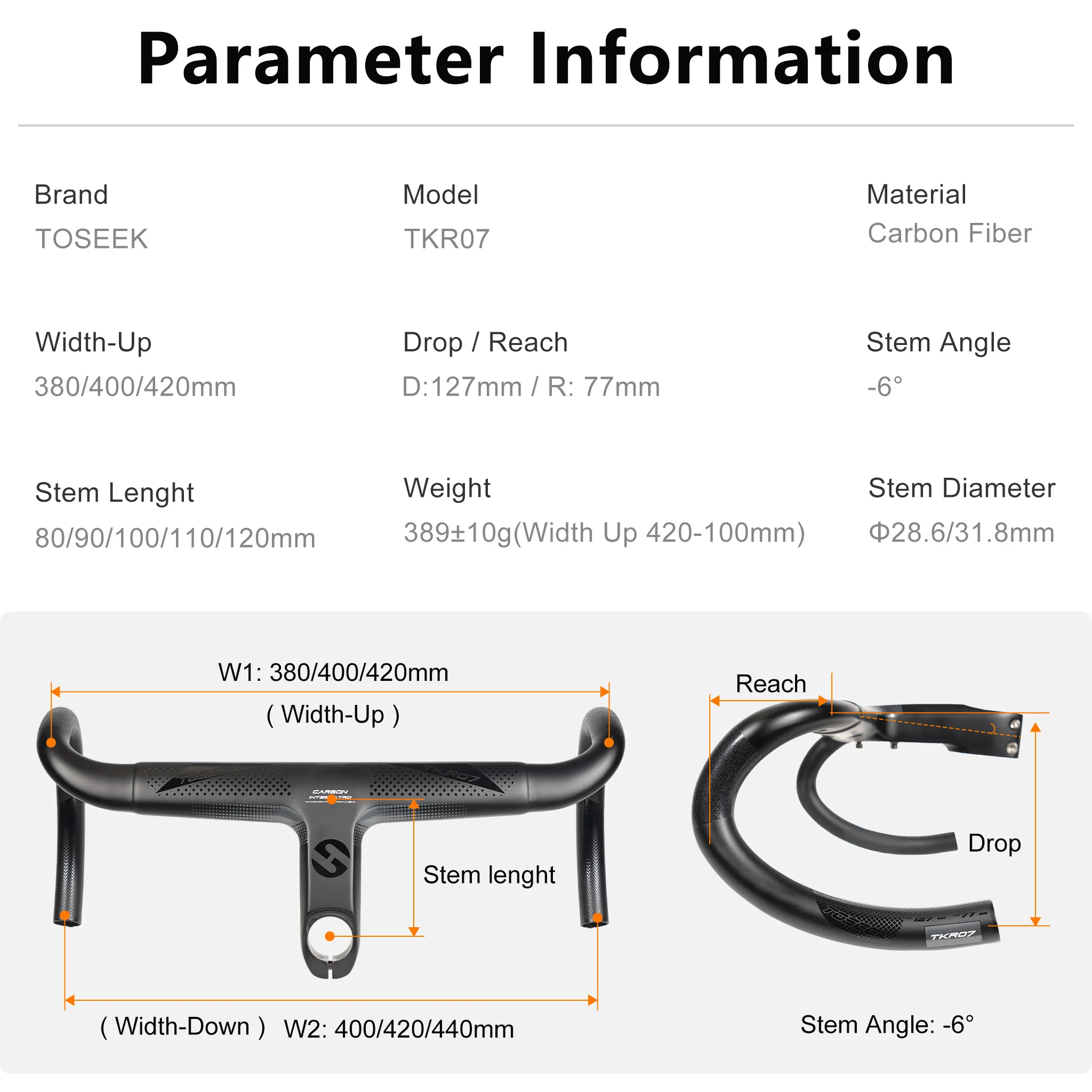 TOSEEK Vollcarbon-Integrierter Rennradlenker Cockpit OD2 Internes Kabel 28,6/31,8mm -6 ° Mit Abstandshaltern 380/400/420mm für Drop Bar – Detail 2