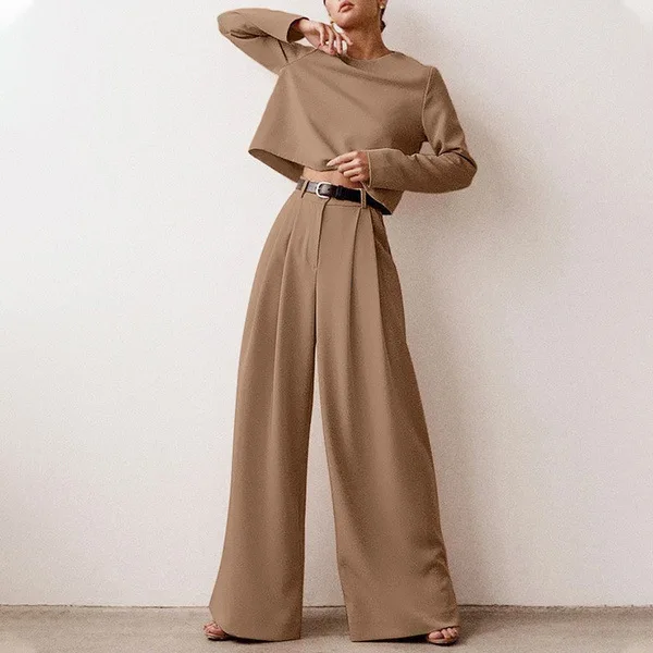 2024 Spring And Autumn Pants Suit Temperament Commuting Brown Fashion Long Sleeve Solid Color Cotton Two-piece Set