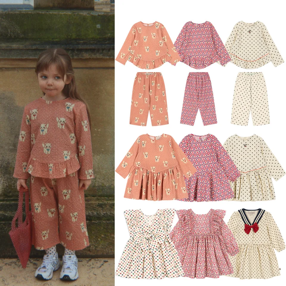 

Girls Princess Dress 2026 Summer Heart Dots Printed Kids Dresses Children's Blouse Tee and Pant Suit Clothing Casual Mother