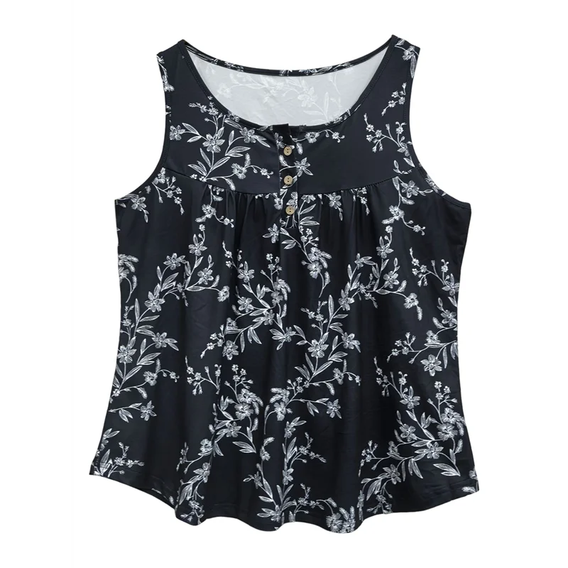 

A83F-Women Summer Tank Tops Sleeveless Loose Fit Henley Button Down To Wear With Leggings Casual Pleated Blouse