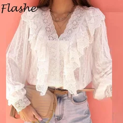 Autumn Women Long Sleeve Lace Blouses White V Neck Sexy Shirts For Women Elegant Ruffle Design Blouses Spring