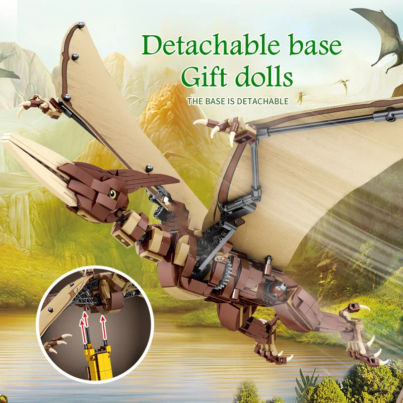 Electric pterosaur building block dinosaur model detachable gear deformation children\'s assembly building block toybirthday gift