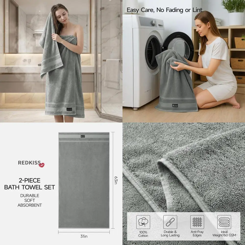 

Набор из 2-х роскошных хлопковых банных полотенец, 31x63 дюйма, 760GSM, впитывающие и быстросохнущие, серый цвет