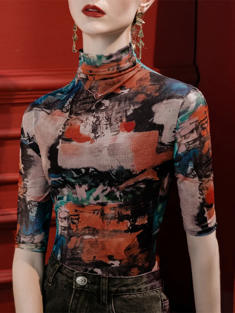 Winsleter Streetwear Tshirt Half Sleeve Elastic Tshirts Women Sexy Turtleneck Printed Slim Mesh Tops Autumn Winter T38472JM — zdjęcie 2