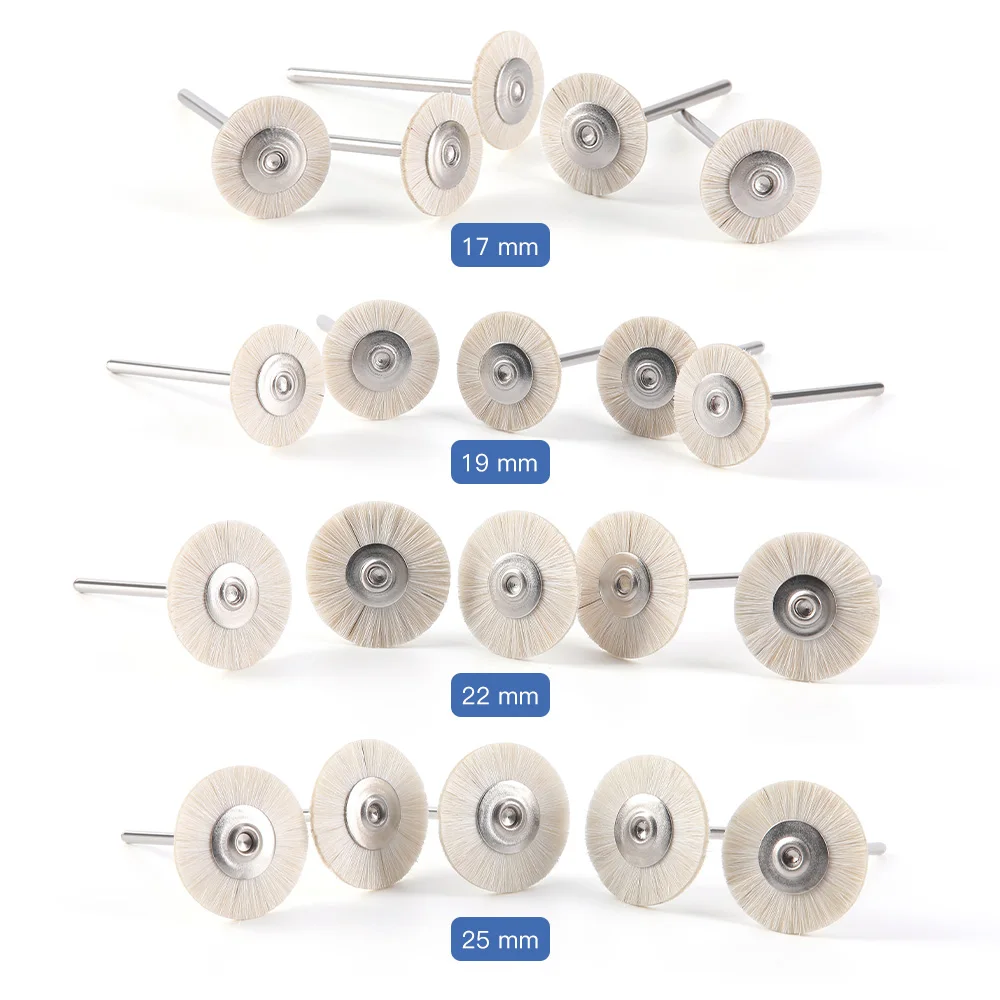 Roda de escova de polimento dental para mão de baixa velocidade, polidor de odontologia, cabelo de cabra branco ou cinza, extra macio, 17mm, 19mm, 22mm, 25mm, 10pcs