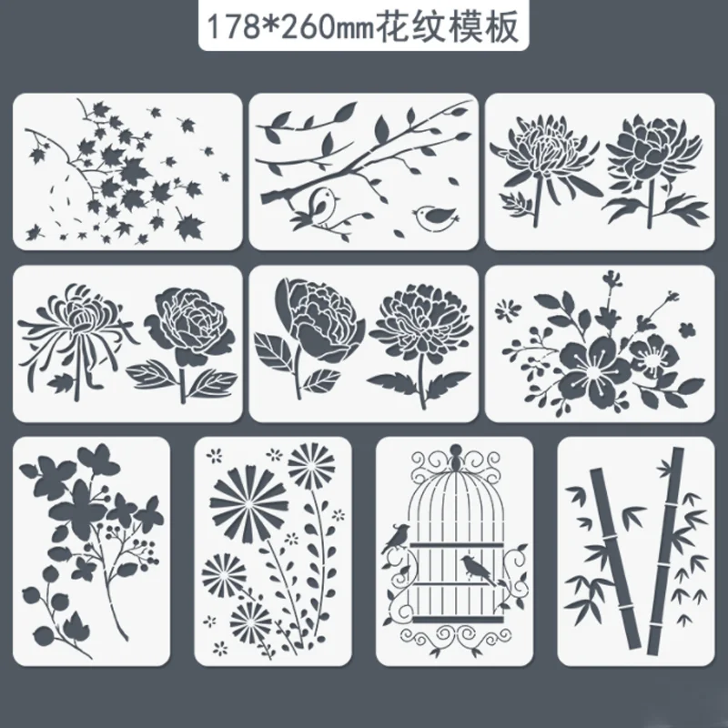 

10pcs Kawaii Flower And Bird Bamboo Stencil DIY Layering Scrapbooking Journal Coloring Embossing Decoration Painting Templates