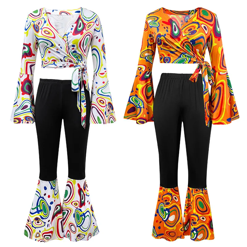 Disfraz de Discoteca Años 60 y 70 para Mujer, Disfraz de Pareja Hippie, Top con Estampado Floral, Pantalones y Diadema, Disfraz Elegante