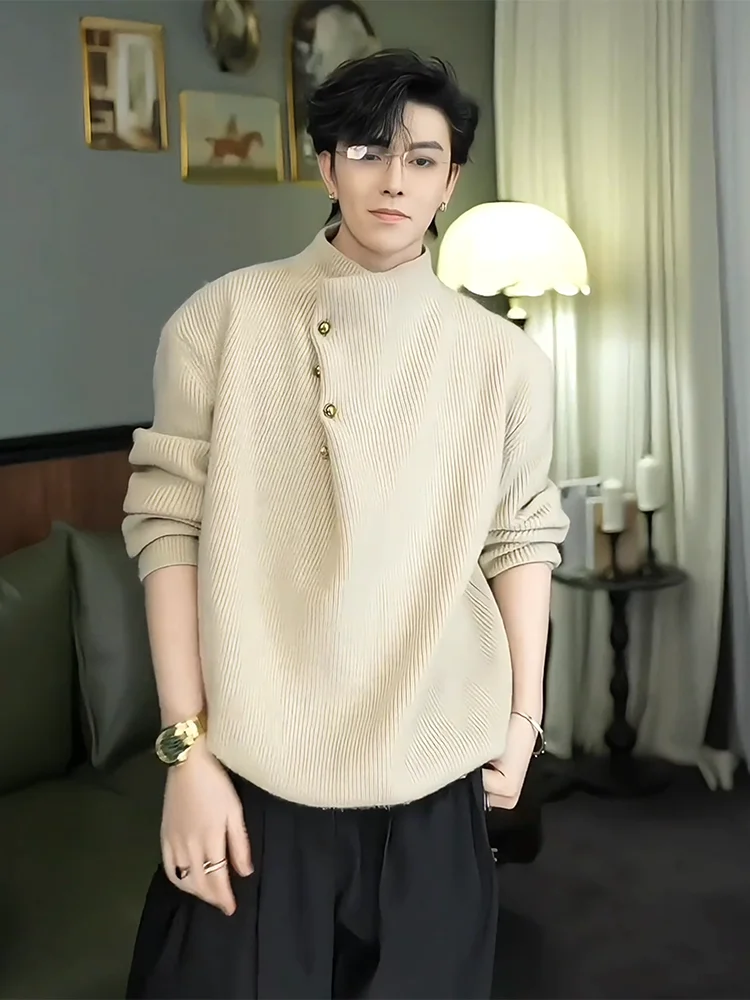 

Новый мужской вязаный свитер в китайском стиле с воротником-стойкой и пуговицами, приталенный, зимняя верхняя одежда, удобный, толстый, с длинными рукавами