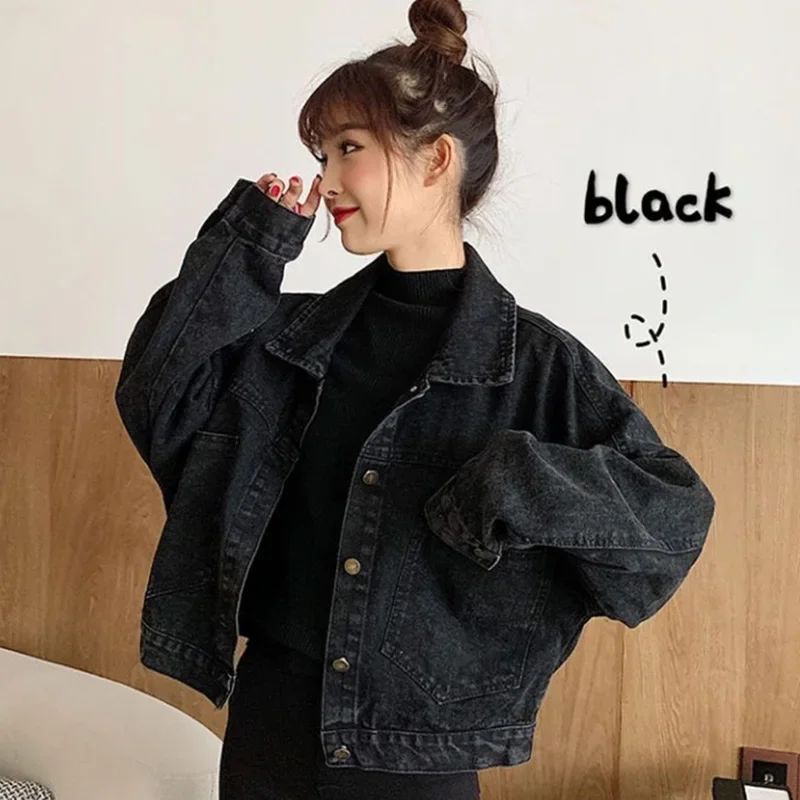 Women's Black Cropped Denim Jacket Korean Style Single Breasted Loose Coat Woman Streetwear Big Pocket Long Sleeve Jackets Tops