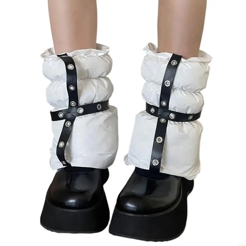 Women Winter Warm Padded Puffer Leg Warmers for Outdoor Gothic Eyelets PU Strap Split Flared Boot Covers Cuffs Socks