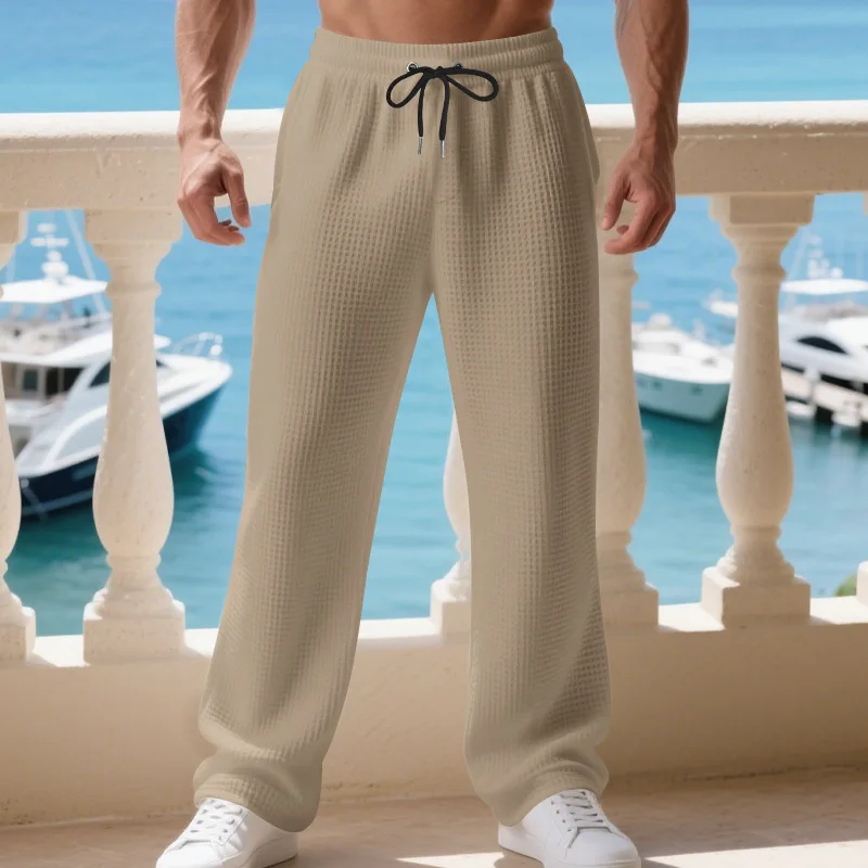 Autumn Winter Waffle Jacquard Sweatpants, Men Solid Drawstring Straight American Minimalist Daily Sports Bottoms
